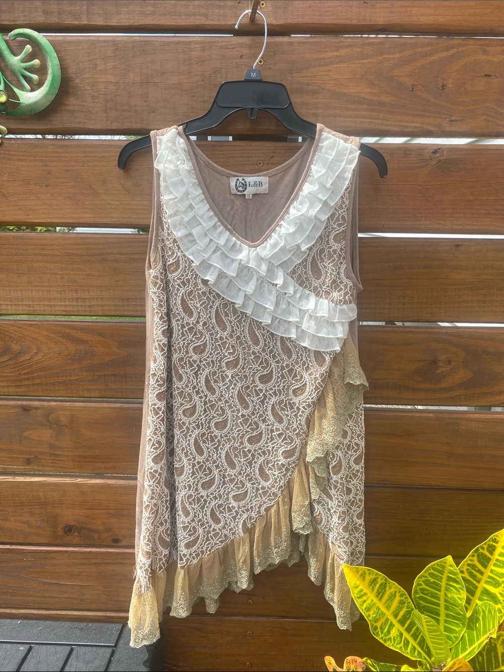 L&B Lace & Ruffle Asymmetric Tank Dress in Taupe and Cream